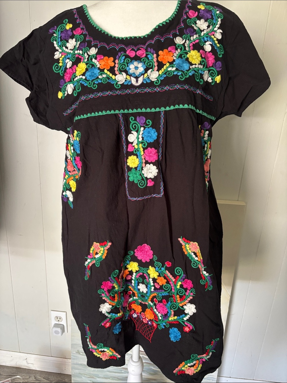 Black Embroidered Floral Mini Dress